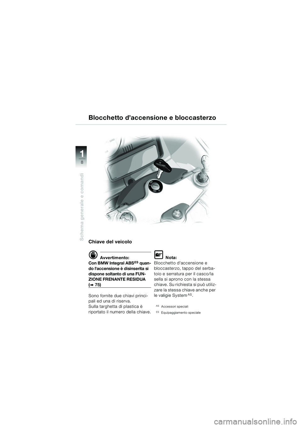BMW MOTORRAD R 1150 RS 2002  Libretto di uso e manutenzione (in Italian) 1
Schema generale e comandi
8
Chiave del veicolo
d Avvertimento:
Con BMW Integral ABSES quan-
do laccensione è disinserita si 
dispone soltanto di una FUN-
ZIONE FRENANTE RESIDUA 
(b75)
Sono fornite