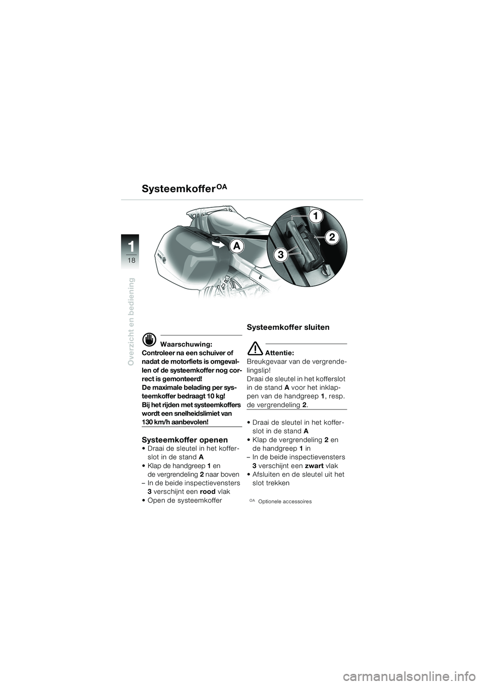 BMW MOTORRAD R 1150 RS 2002  Handleiding (in Dutch) 1
Overzicht en bediening
18
A
3
2
1
d Waarschuwing:
Controleer na een schuiver of 
nadat de motorfiets is omgeval-
len of de systeemkoffer nog cor-
rect is gemonteerd!
De maximale belading per sys-
te