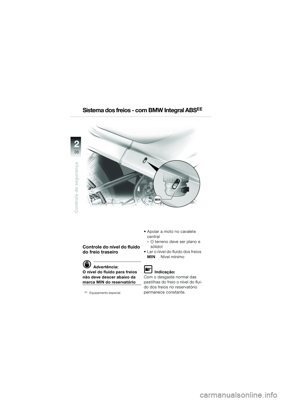 BMW MOTORRAD R 1150 RS 2002  Manual do condutor (in Portuguese) 22
36
Controle de segurança
Controle do nível do fluido 
do freio traseiro
d Advertência:
O nível do fluido para freios 
não deve descer abaixo da 
marca MIN do reservatório
EEEquipamento especi
