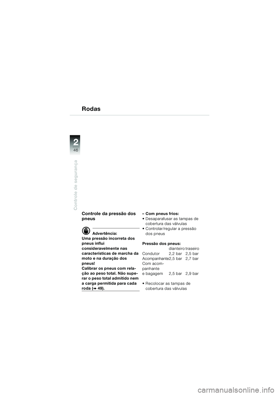 BMW MOTORRAD R 1150 RS 2002  Manual do condutor (in Portuguese) 22
46
Controle de segurança
Rodas
Controle da pressão dos 
pneus
d Advertência:
Uma pressão incorreta dos 
pneus influi 
consideravelmente nas 
características de marcha da 
moto e na duração d