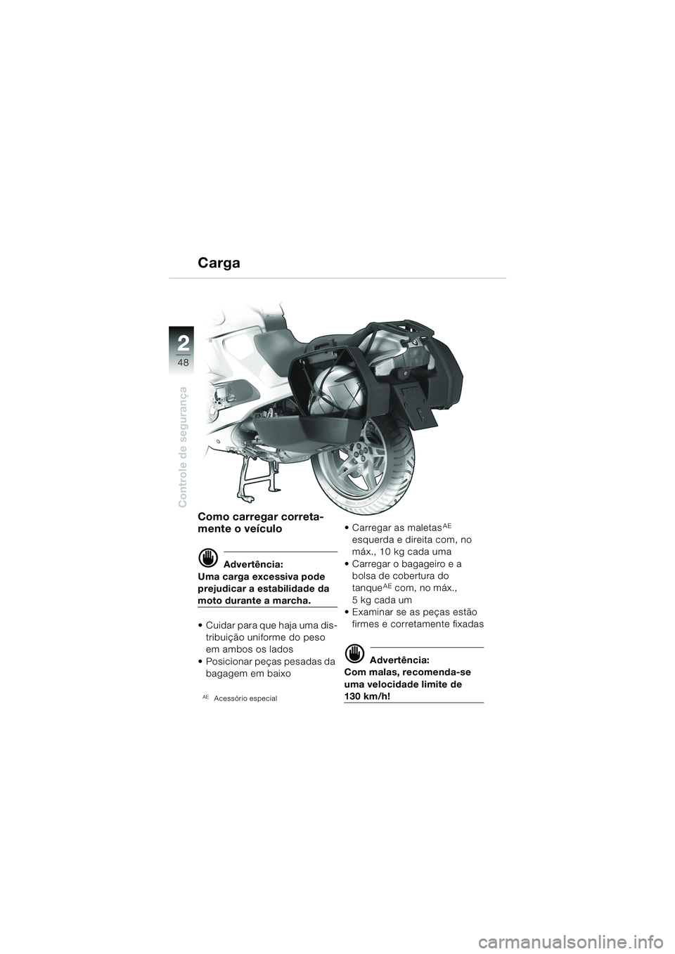 BMW MOTORRAD R 1150 RS 2002  Manual do condutor (in Portuguese) 22
48
Controle de segurança
Como carregar correta-
mente o veículo
d Advertência:
Uma carga excessiva pode 
prejudicar a estabilidade da 
moto durante a marcha.
 Cuidar para que haja uma dis- trib