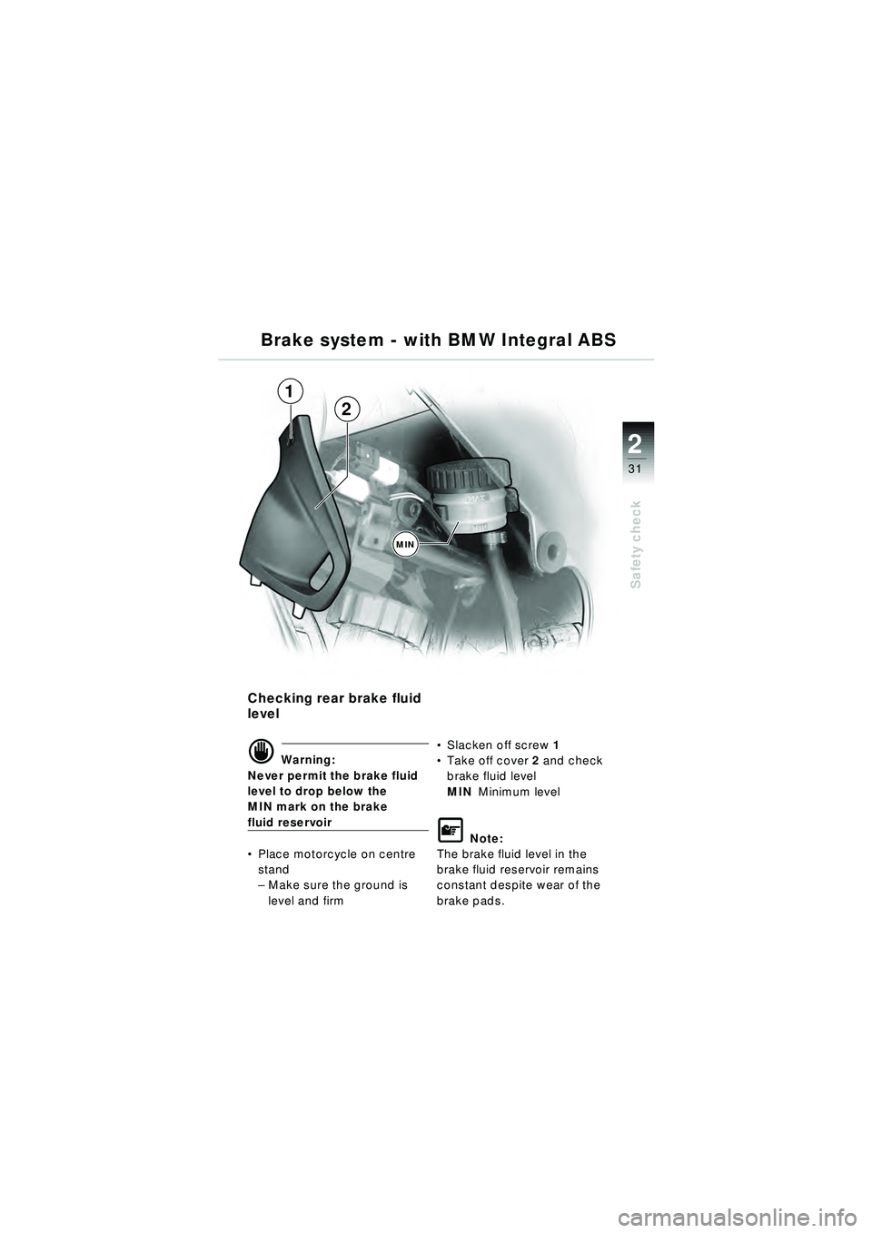 BMW MOTORRAD R 1150 RT 2002  Riders Manual (in English) 2
31
Safety check
Brake system - with BMW Integral ABS
Checking rear brake fluid 
level
d Warning:
Never permit the brake fluid 
level to drop below the 
MIN mark on the brake 
fluid reservoir
 Place