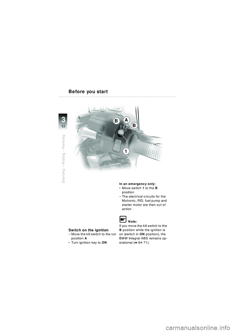 BMW MOTORRAD R 1150 RT 2002  Riders Manual (in English) 3
52
Starting – Riding –  Parking
A
B
B
1
Before you start
Switch on the ignition–
Move the kill switch to the run 
position A
 Turn ignition key to ONIn an emergency only:

Move switch  1 to 