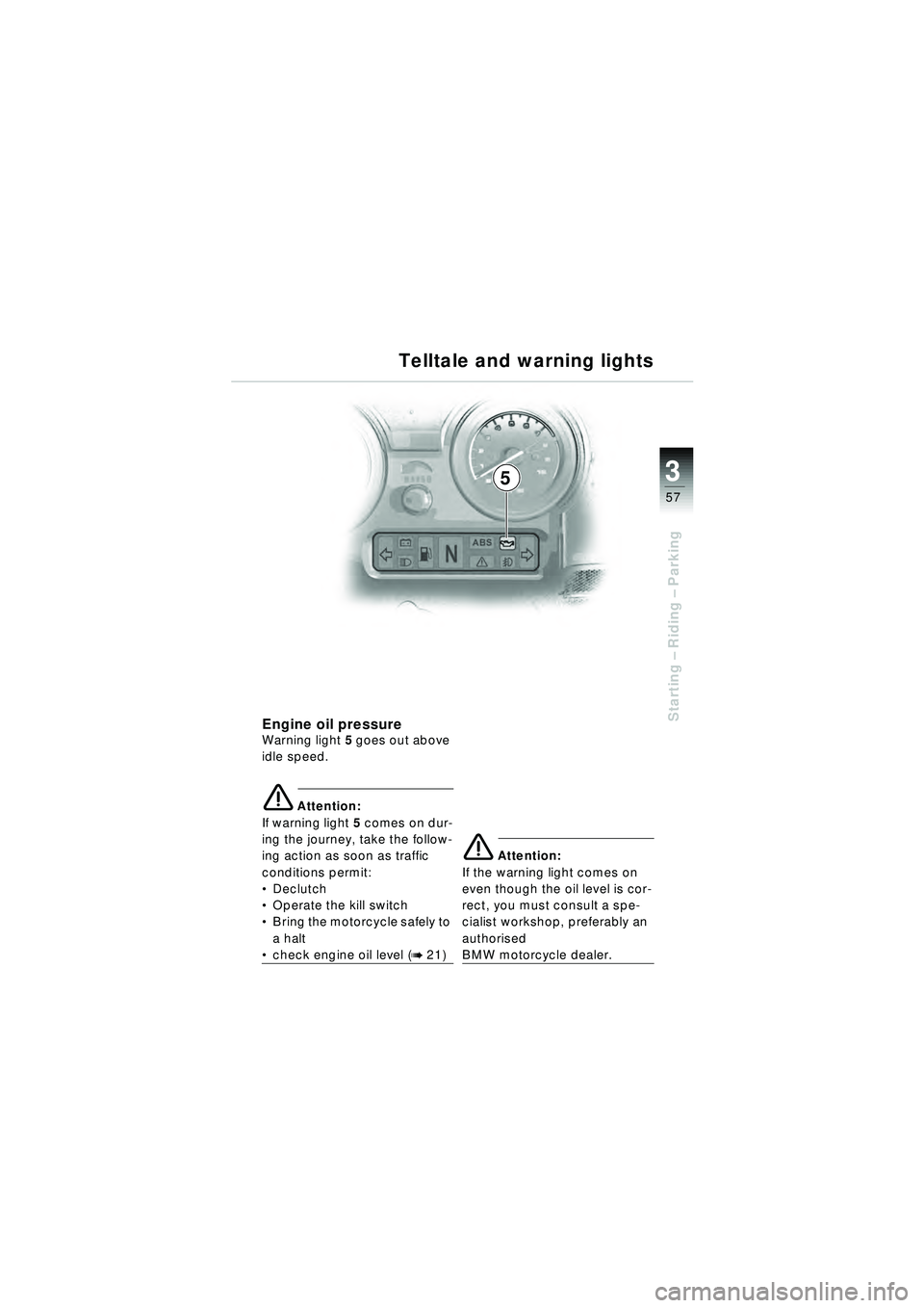 BMW MOTORRAD R 1150 RT 2002  Riders Manual (in English) 3
57
Starting – Riding –  Parking
5
Engine oil pressureWarning light 5 goes out above 
idle speed.
e Attention:
If warning light 5 comes on dur-
ing the journey, take the follow-
ing action as soo