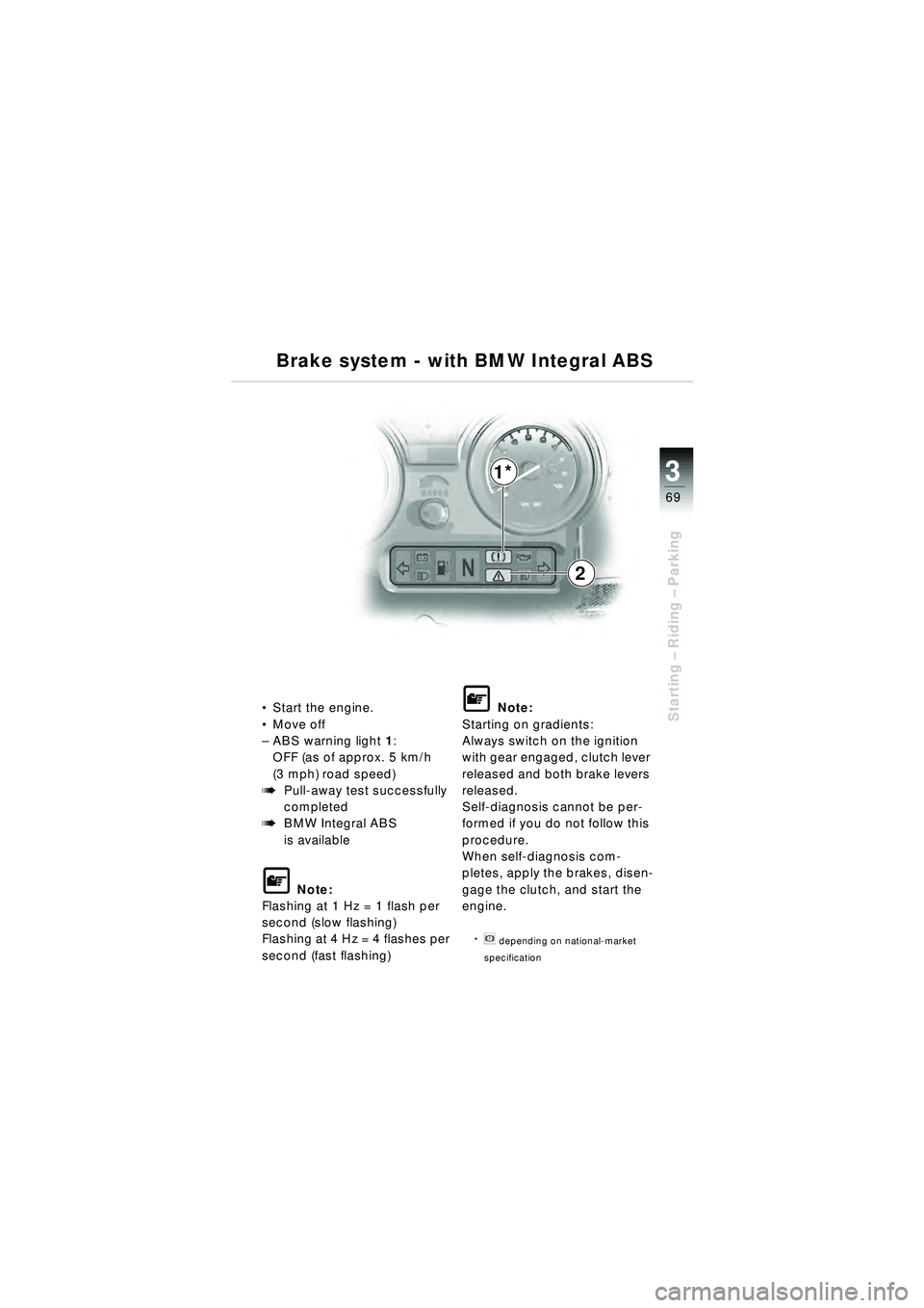 BMW MOTORRAD R 1150 RT 2002  Riders Manual (in English) 3
69
Starting – Riding –  ParkingStart the engine.
 Move off 
– ABS warning light 1:
OFF (as of approx. 5 km/h
(3 mph) road speed)
bPull-away test successfully 
completed
bBMW Integral ABS 
is