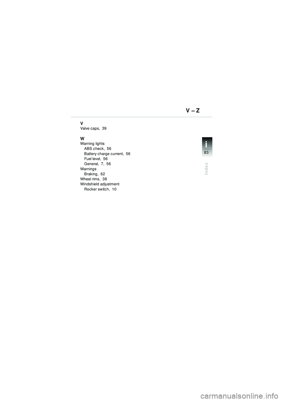 BMW MOTORRAD R 1150 RT 2002  Riders Manual (in English) 83
Index
i
VValve caps,  39
WWarning lightsABS check,  56
Battery charge current,  56
Fuel level,  56
General,  7,  56
Warnings Braking,  62
Wheel rims,  38
Windshield adjustment Rocker switch,  10
V 