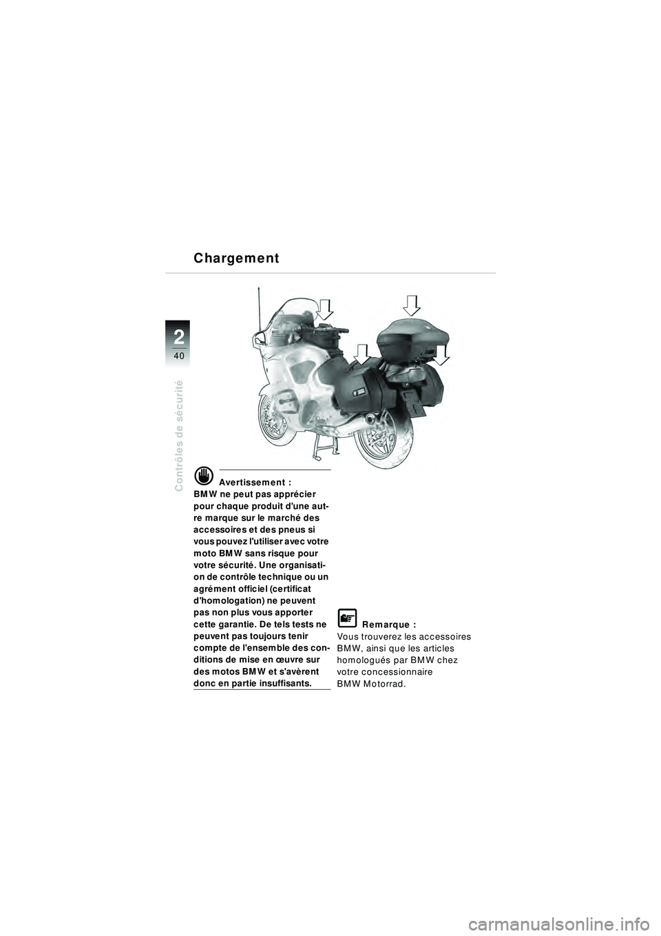 BMW MOTORRAD R 1150 RT 2002 Livret de bord (in French) 2
40
Contrôles de s écurit éd Avertissement :
BMW ne peut pas appr écier
pour chaque produit dune aut-
re marque sur le march é des
accessoires et des pneus si
vous pouvez lutiliser avec vot BMW MOTORRAD R 1150 RT 2002 Livret de bord (in French) 2
40
Contrôles de s écurit éd Avertissement :
BMW ne peut pas appr écier
pour chaque produit dune aut-
re marque sur le march é des
accessoires et des pneus si
vous pouvez lutiliser avec vot