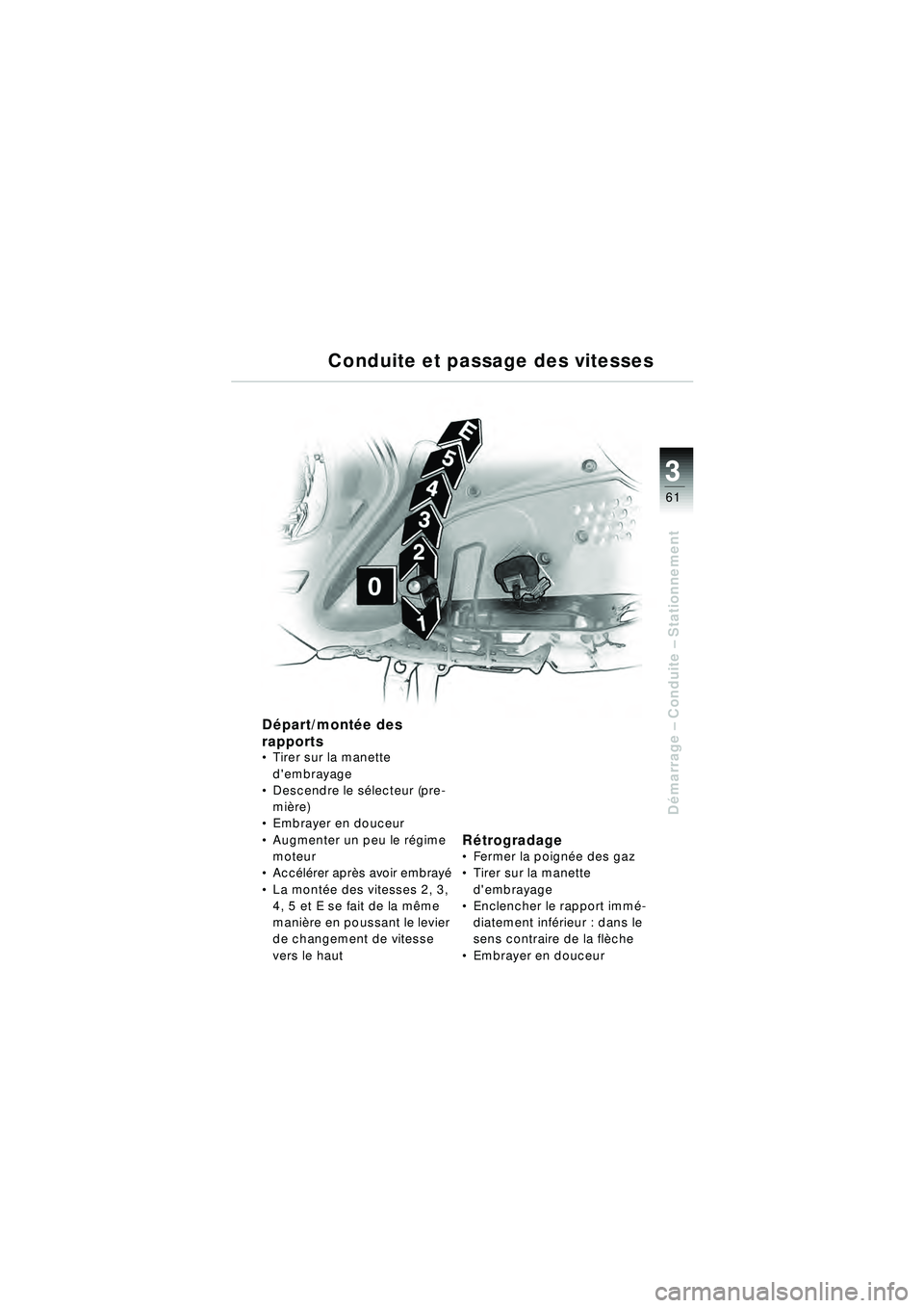 BMW MOTORRAD R 1150 RT 2002 Livret de bord (in French) 3
61
Démarrage – Conduite – Stationnement
Conduite et passage des vitesses
Départ/mont ée des
rapports
Tirer sur la manette
dembrayage
Descendre le sé lecteur (pre-
mi ère)
Embray BMW MOTORRAD R 1150 RT 2002 Livret de bord (in French) 3
61
Démarrage – Conduite – Stationnement
Conduite et passage des vitesses
Départ/mont ée des
rapports
Tirer sur la manette
dembrayage
Descendre le sé lecteur (pre-
mi ère)
Embray