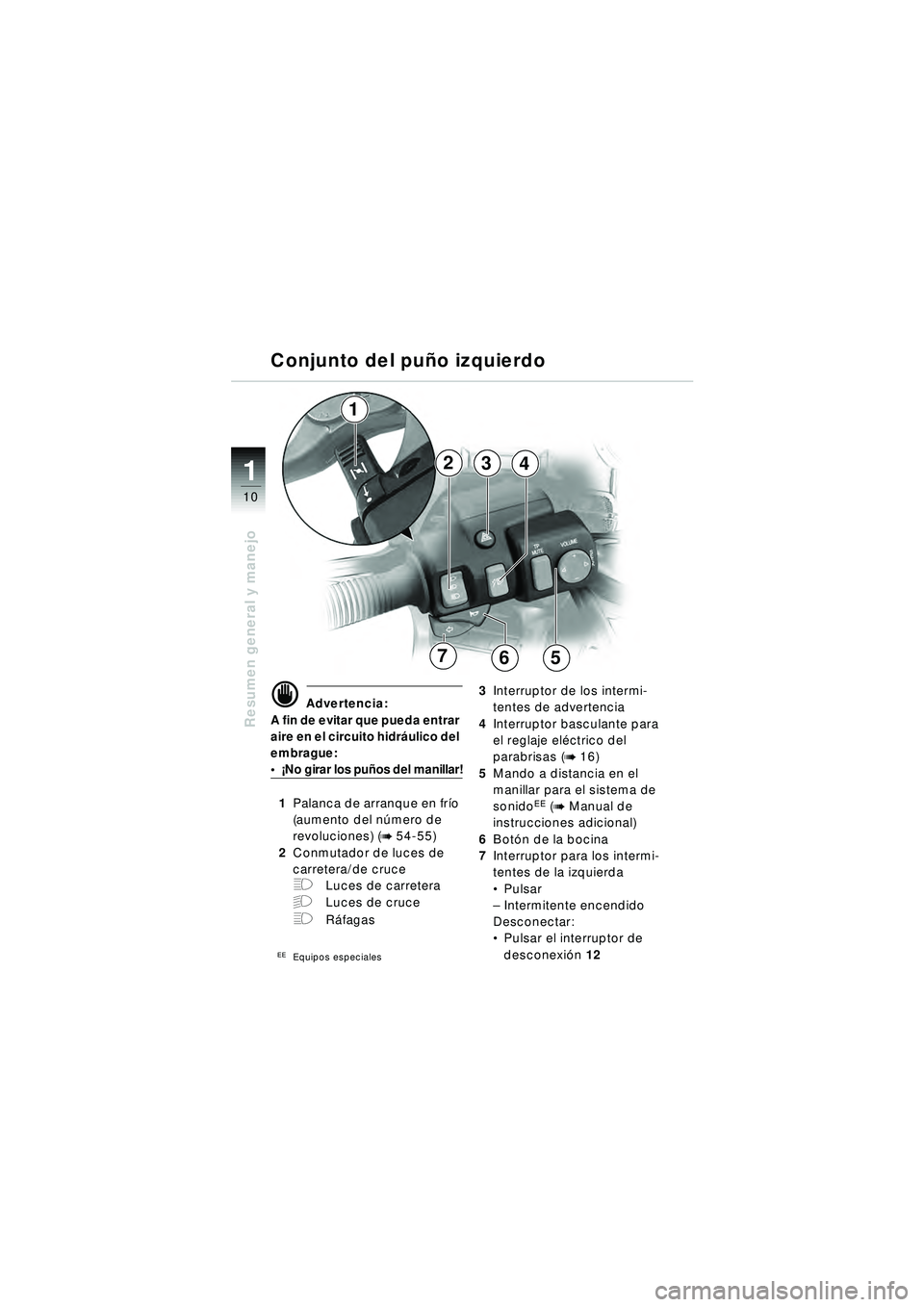 BMW MOTORRAD R 1150 RT 2002 Manual de instrucciones (in Spanish) 10
Resumen general y manejo
1
d Advertencia:
A fin de evitar que pueda entrar
aire en el circuito hidr áulico del
embrague:
¡ No girar los pu ños del manillar!
1 Palanca de arranque en fr ío
BMW MOTORRAD R 1150 RT 2002 Manual de instrucciones (in Spanish) 10
Resumen general y manejo
1
d Advertencia:
A fin de evitar que pueda entrar
aire en el circuito hidr áulico del
embrague:
¡ No girar los pu ños del manillar!
1 Palanca de arranque en fr ío
