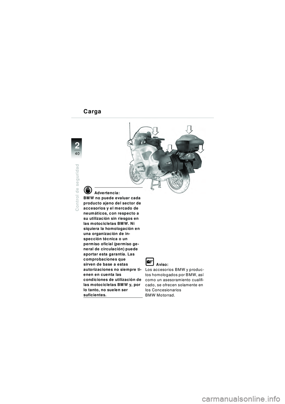 BMW MOTORRAD R 1150 RT 2002 Manual de instrucciones (in Spanish) 2
40
Control de seguridad
d Advertencia:
BMW no puede evaluar cada
producto ajeno del sector de
accesorios y el mercado de
neum áticos, con respecto a
su utilizaci ón sin riesgos en
las motocic BMW MOTORRAD R 1150 RT 2002 Manual de instrucciones (in Spanish) 2
40
Control de seguridad
d Advertencia:
BMW no puede evaluar cada
producto ajeno del sector de
accesorios y el mercado de
neum áticos, con respecto a
su utilizaci ón sin riesgos en
las motocic