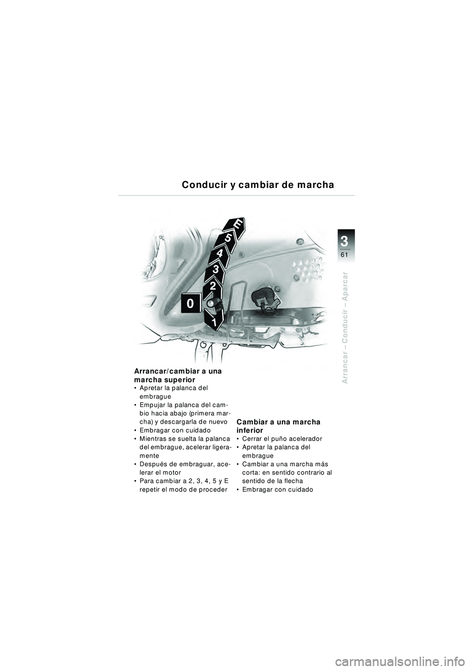 BMW MOTORRAD R 1150 RT 2002 Manual de instrucciones (in Spanish) 3
61
Arrancar – Conducir – Aparcar
Conducir y cambiar de marcha
Arrancar/cambiar a una
marcha superior
Apretar la palanca del
embrague
Empujar la palanca del cam-
bio hacia abajo (primera m BMW MOTORRAD R 1150 RT 2002 Manual de instrucciones (in Spanish) 3
61
Arrancar – Conducir – Aparcar
Conducir y cambiar de marcha
Arrancar/cambiar a una
marcha superior
Apretar la palanca del
embrague
Empujar la palanca del cam-
bio hacia abajo (primera m