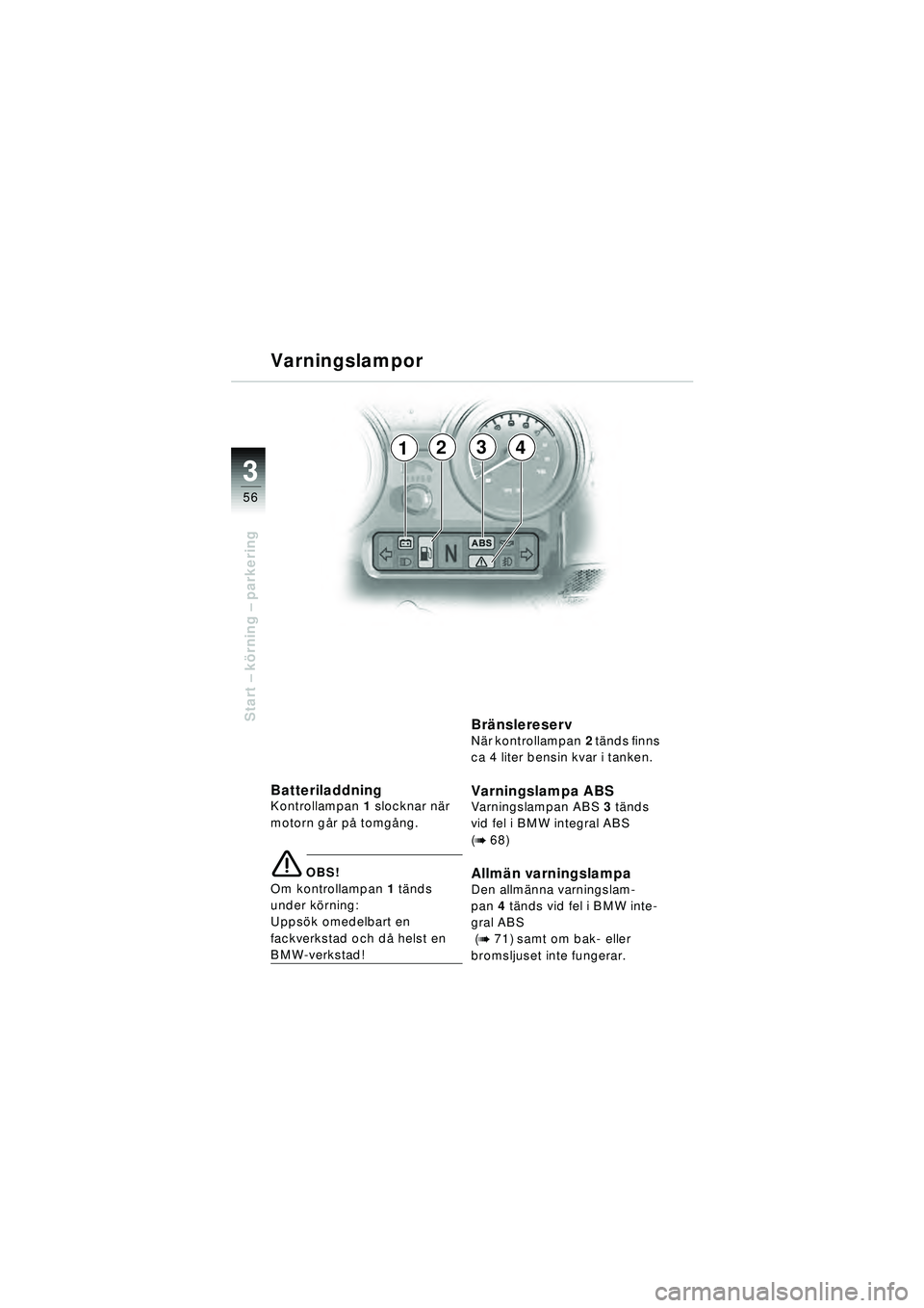 BMW MOTORRAD R 1150 RT 2002  Instruktionsbok (in Swedish) 3
56
Start – k örning  – parkering
2341
BatteriladdningKontrollampan 1 slocknar n är 
motorn g år p å tomg ång.
\b OBS!
Om kontrollampan  1 tä nds 
under k örning: 
Upps ök omedelbart en 
