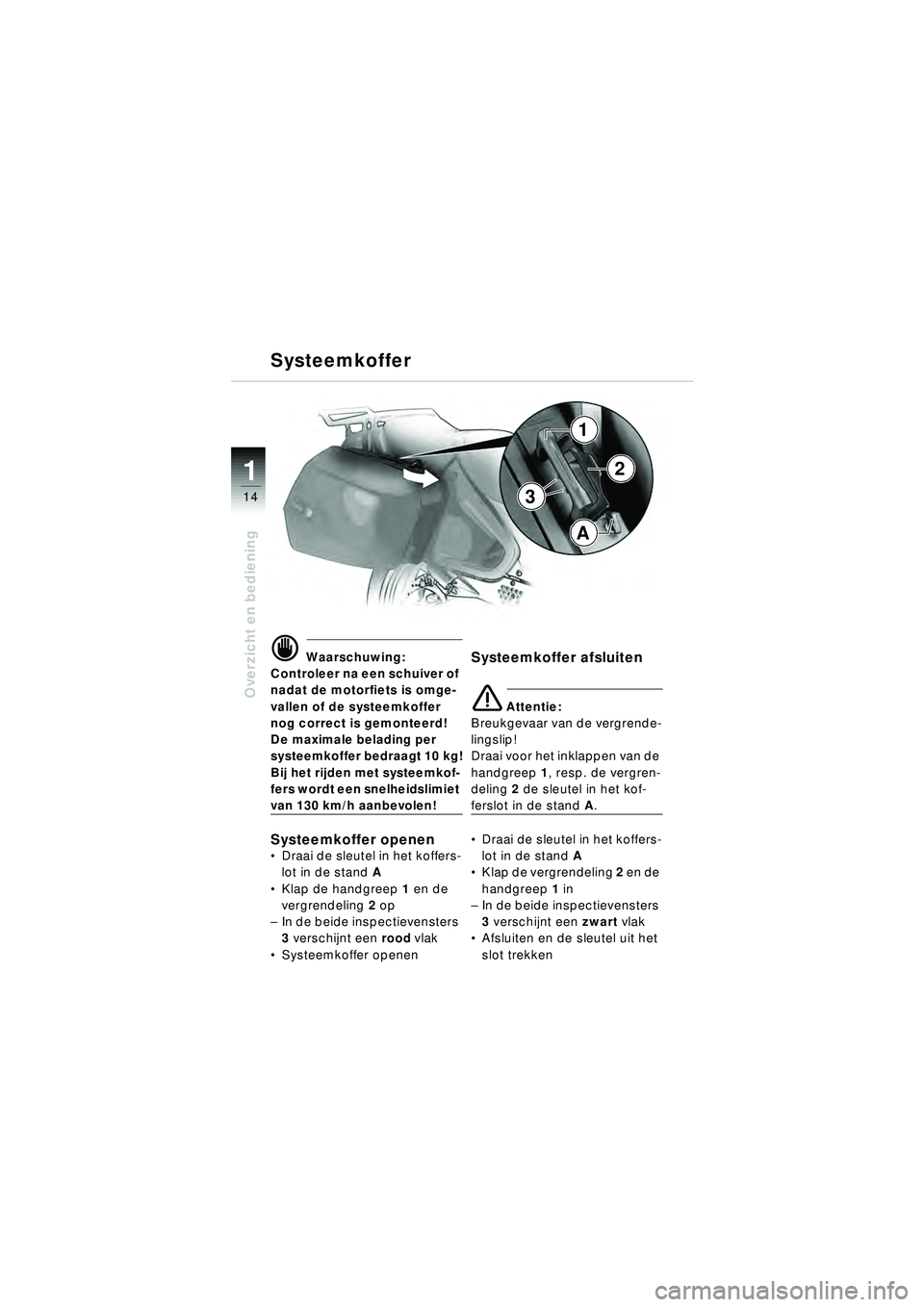 BMW MOTORRAD R 1150 RT 2002 Handleiding (in Dutch) 14
Overzicht en bediening
1
Systeemkoffer
d Waarschuwing:
Controleer na een schuiver of
nadat de motorfiets is omge-
vallen of de systeemkoffer
nog correct is gemonteerd!
De maximale belading per
s BMW MOTORRAD R 1150 RT 2002 Handleiding (in Dutch) 14
Overzicht en bediening
1
Systeemkoffer
d Waarschuwing:
Controleer na een schuiver of
nadat de motorfiets is omge-
vallen of de systeemkoffer
nog correct is gemonteerd!
De maximale belading per
s