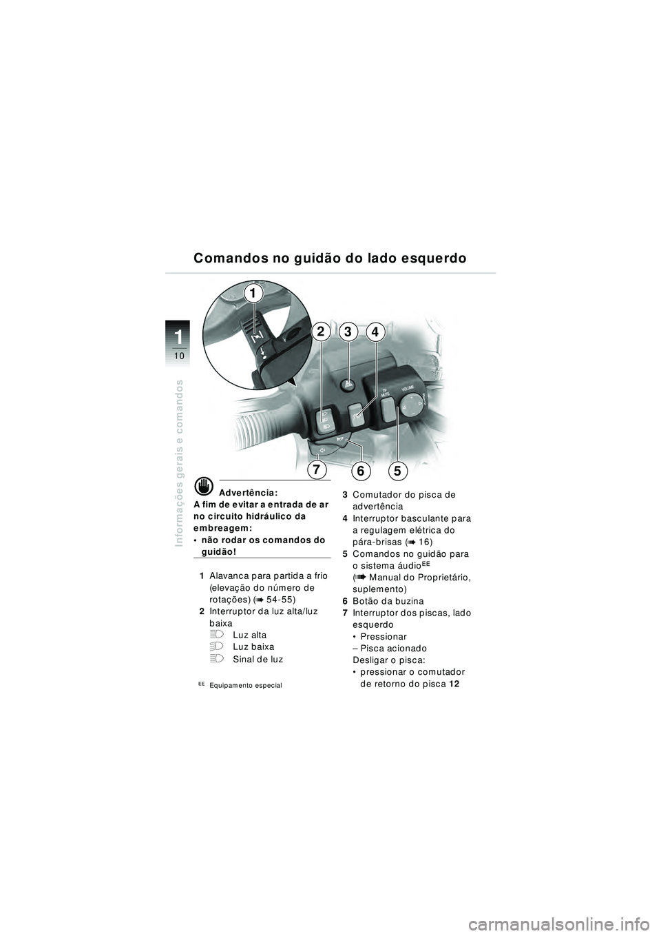 BMW MOTORRAD R 1150 RT 2002 Manual do condutor (in Portuguese) 10
Informações gerais e comandos
1
d Advert ência:
A fim de evitar a entrada de ar
no circuito hidr áulico da
embreagem:
não rodar os comandos do
guid ão!
1 Alavanca para partida a frio
( BMW MOTORRAD R 1150 RT 2002 Manual do condutor (in Portuguese) 10
Informações gerais e comandos
1
d Advert ência:
A fim de evitar a entrada de ar
no circuito hidr áulico da
embreagem:
não rodar os comandos do
guid ão!
1 Alavanca para partida a frio
(