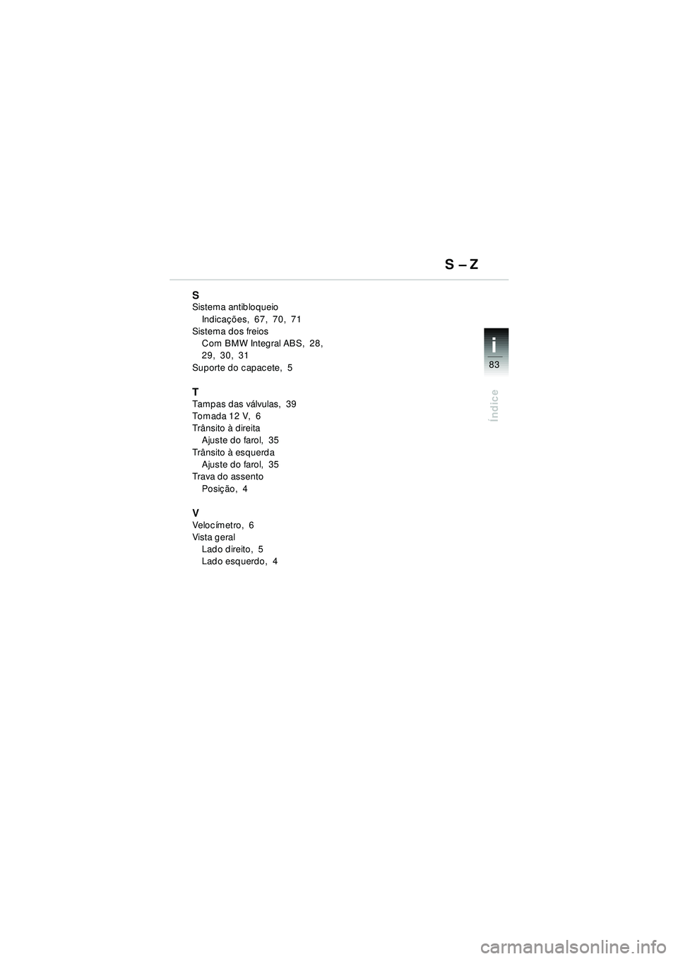 BMW MOTORRAD R 1150 RT 2002  Manual do condutor (in Portuguese) 83
Índice
i
SSistema antibloqueio
Indica ções,  67,  70,  71
Sistema dos freios
Com BMW Integral ABS,  28,  
29,  30,  31
Suporte do capacete,  5
TTampas das v álvulas,  39
Tomada 12 V,  6
Tr âns