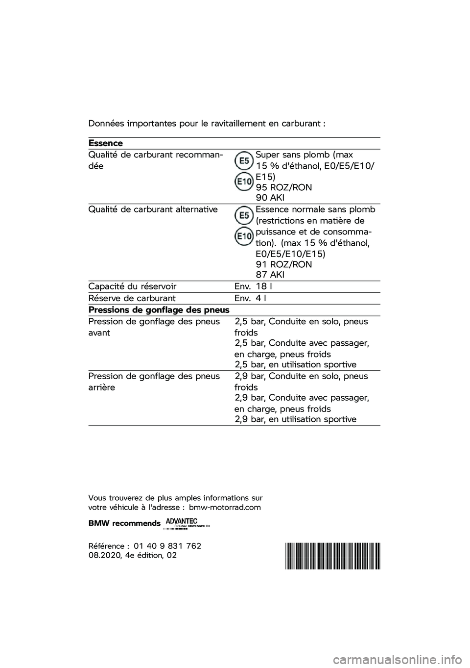 BMW MOTORRAD R 1250 RS 2020  Livret de bord (in French) �4����\f�� ����������� ���
� �\b� ��������\b�\b����� �� ����;�
���� �<
�������
�=�
��\b���\f �� ����;�
���� �����������\f��*�
��