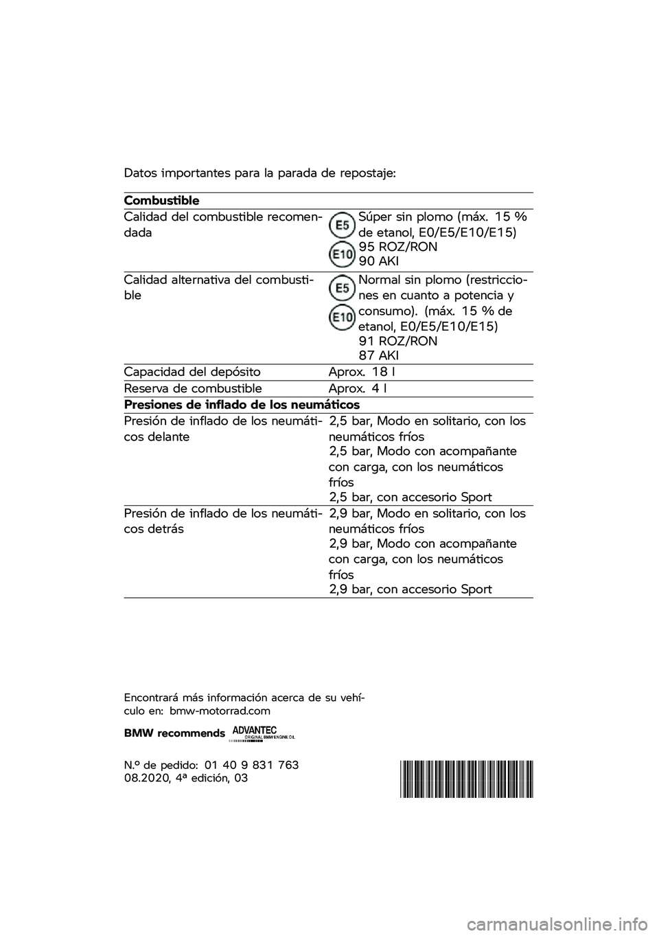 BMW MOTORRAD R 1250 RS 2020  Manual de instrucciones (in Spanish) � ���� �
����\f������ ���\f� �� ���\f��� �� �\f�������.��;
�������\b�	��
�
�<���
��� ��� ����*�	���
�*�� �\f�������������\b���\f �