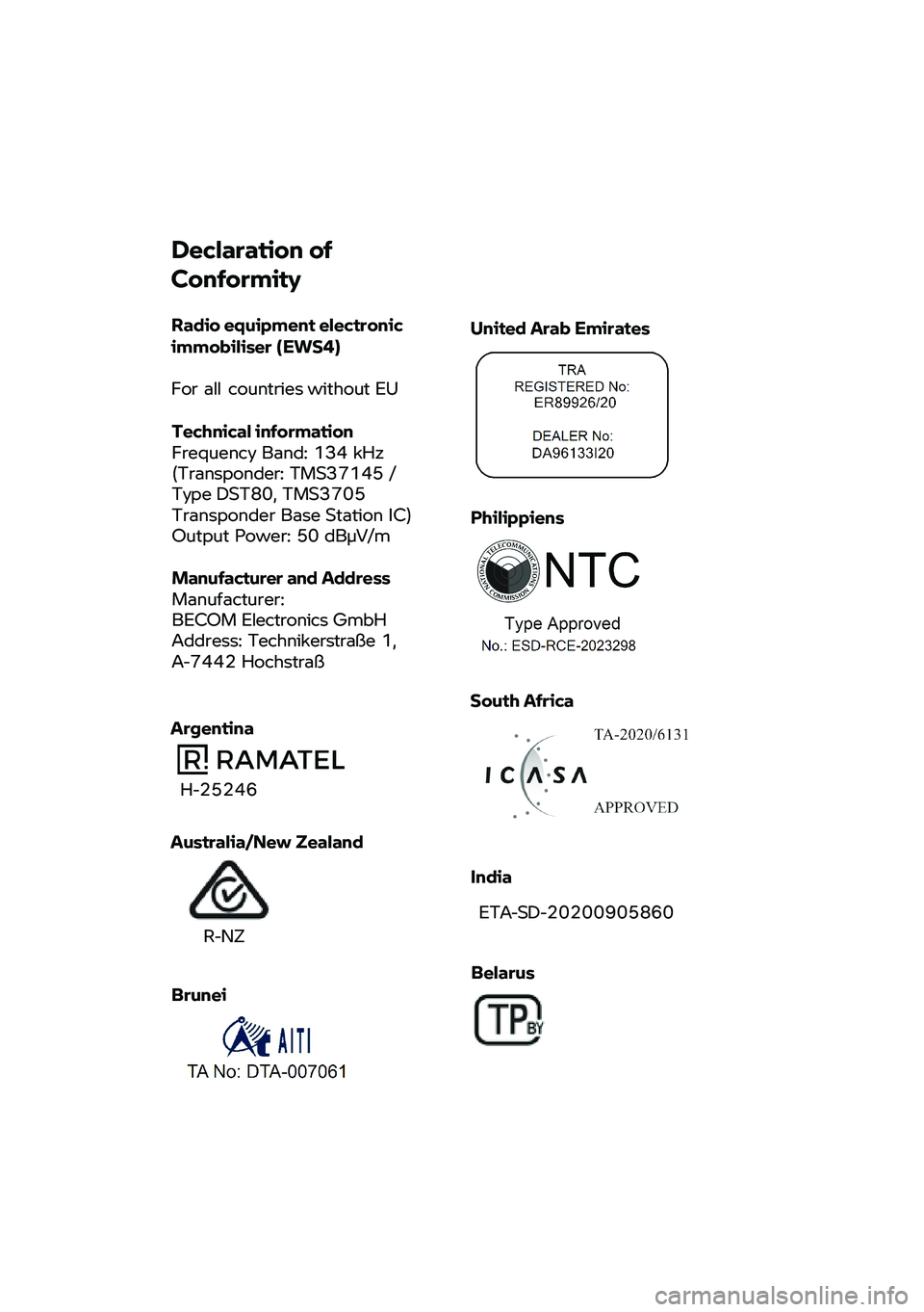 BMW MOTORRAD R 1250 RS 2021  Betriebsanleitung (in German) Declaration 
of 
Conformity 
Radio  equipment electronic 
immobiliser (EWS4)  
For  all countries  without EU 
Tech
nical  information 
Frequency  Band: 134 kHz  
(Transponder:  T

MS37145 / 
Type  DS