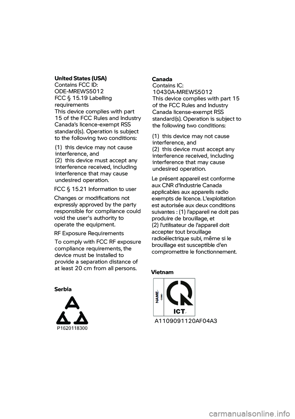 BMW MOTORRAD R 1250 RS 2021  Betriebsanleitung (in German) United 
States (USA) 
Contains FCC ID:                           
ODE-MREWS5012
FCC  §
 15.19 Labelling 
requirements
This  device  complies  with part 
15  of the  FCC 

Rules and Industry 
Canada�