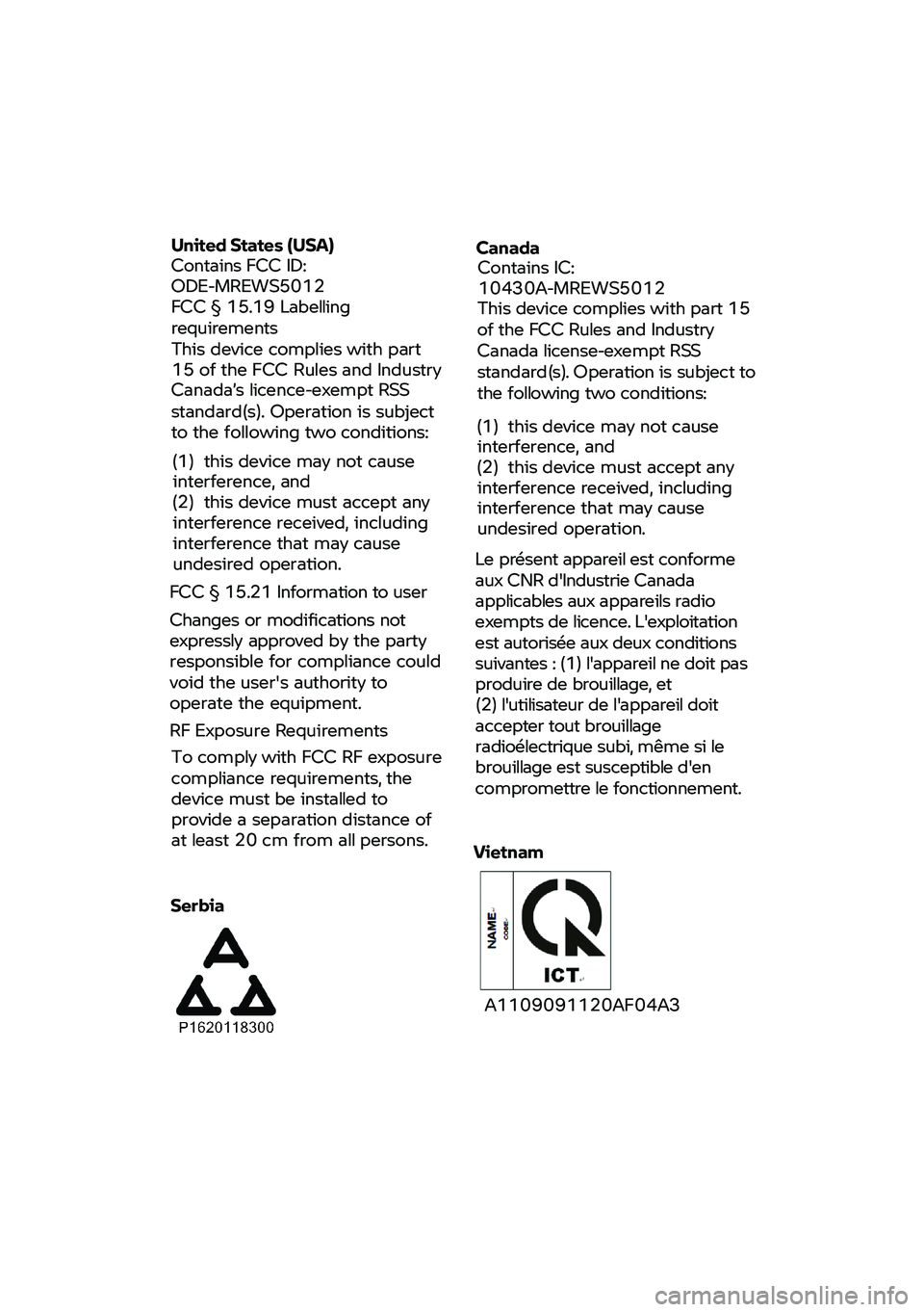 BMW MOTORRAD R NINE T 2021 Manual do condutor (in Portuguese) United
States (USA)
Contains FCC ID:
ODE-MREWS5012
FCC §
15.19 Labelling
requirements
This device complies with part
15 of the FCC
Rules and Industry
Canada BMW MOTORRAD R NINE T 2021 Manual do condutor (in Portuguese) United
States (USA)
Contains FCC ID:
ODE-MREWS5012
FCC §
15.19 Labelling
requirements
This device complies with part
15 of the FCC
Rules and Industry
Canada