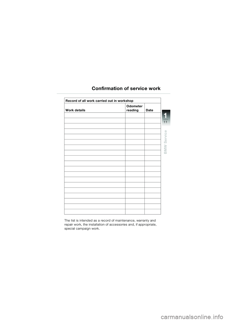 BMW MOTORRAD K 1200 RS 2004  Riders Manual (in English) 11
BMW Service
1
The list is intended as a record of maintenance, warranty and 
repair work, the installation of accessories and, if appropriate, 
special campaign work.Record of all work carried out 