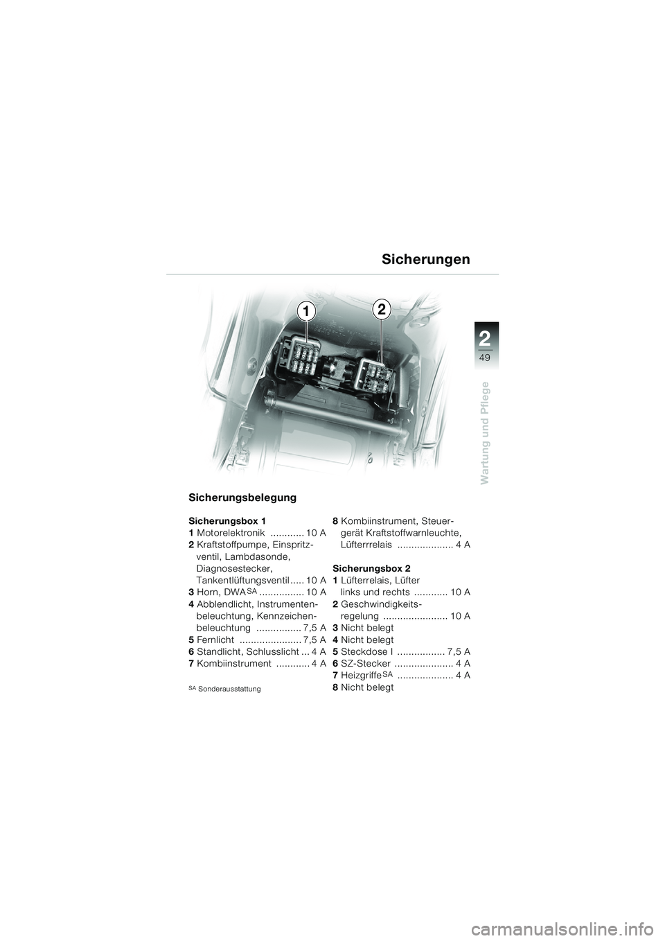 BMW MOTORRAD K 1200 RS 2004  Betriebsanleitung (in German) 49
Wartung und Pflege
2
Sicherungsbelegung
Sicherungsbox 1
1 Motorelektronik  ............ 10 A
2  Kraftstoffpumpe, Einspritz-
ventil, Lambdasonde, 
Diagnosestecker, 
Tankentlüftungsventil ..... 10 A