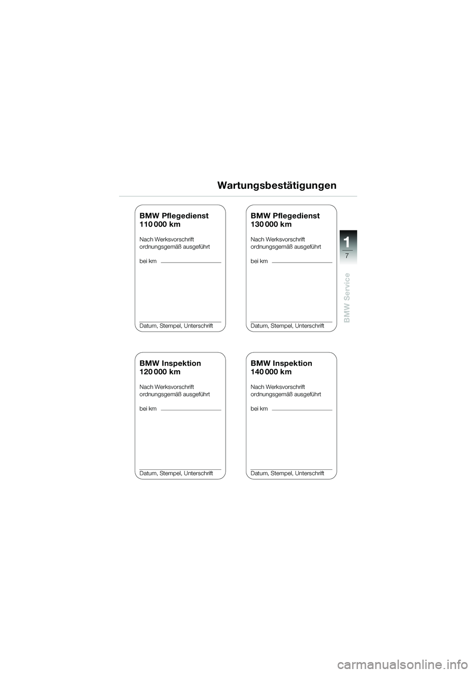 BMW MOTORRAD K 1200 RS 2004 Betriebsanleitung (in German) 7
BMW Service
1
Wartungsbestätigungen
BMW Inspektion
120 000 km
Nach Werksvorschrift
ordnungsgemäß ausgeführt
bei km
Datum, Stempel, Unterschrift
BMW Inspektion
140 000 km
Nach Werksvorschrift
ord BMW MOTORRAD K 1200 RS 2004 Betriebsanleitung (in German) 7
BMW Service
1
Wartungsbestätigungen
BMW Inspektion
120 000 km
Nach Werksvorschrift
ordnungsgemäß ausgeführt
bei km
Datum, Stempel, Unterschrift
BMW Inspektion
140 000 km
Nach Werksvorschrift
ord
