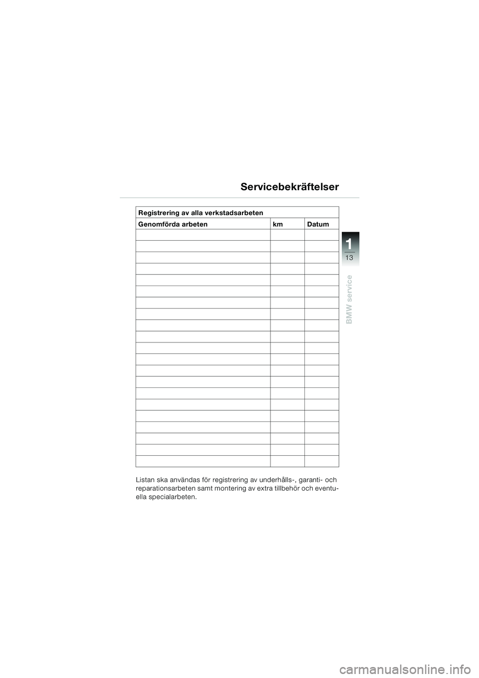 BMW MOTORRAD K 1200 RS 2004  Instruktionsbok (in Swedish) 13
BMW service
1
Listan ska användas för registrering av underhålls-, garanti- och 
reparationsarbeten samt montering av extra tillbehör och eventu-
ella specialarbeten.Registrering av alla verkst