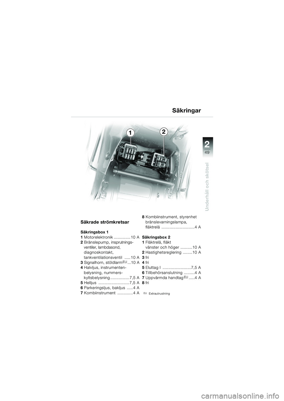 BMW MOTORRAD K 1200 RS 2004 Instruktionsbok (in Swedish) 49
Underhåll och skötsel
2
Säkringar
Säkrade strömkretsar
Säkringsbox 1
1 Motorelektronik .............. 10 A
2 Brän slepu mp, insprutnings-ventiler, lambdasond,
diagnoskontakt,
tankventilati BMW MOTORRAD K 1200 RS 2004 Instruktionsbok (in Swedish) 49
Underhåll och skötsel
2
Säkringar
Säkrade strömkretsar
Säkringsbox 1
1 Motorelektronik .............. 10 A
2 Brän slepu mp, insprutnings-ventiler, lambdasond,
diagnoskontakt,
tankventilati