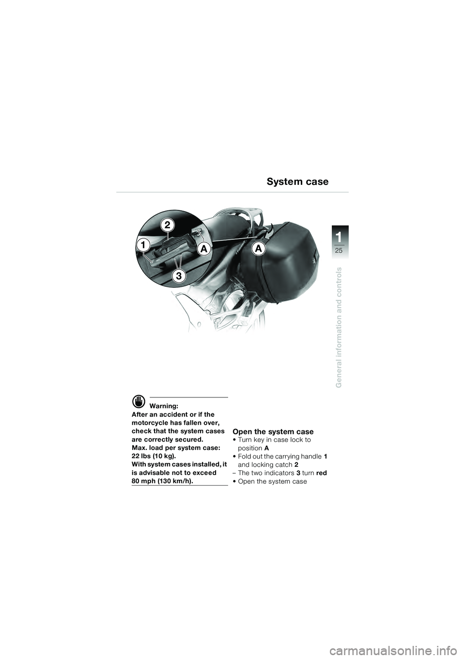 BMW MOTORRAD K 1200 GT 2004  Riders Manual (in English) 25
General information and controls
1
 Warning:
After an accident or if the 
motorcycle has fallen over, 
check that the system cases 
are correctly secured.
Max. load per system case: 
22 lbs (10 kg