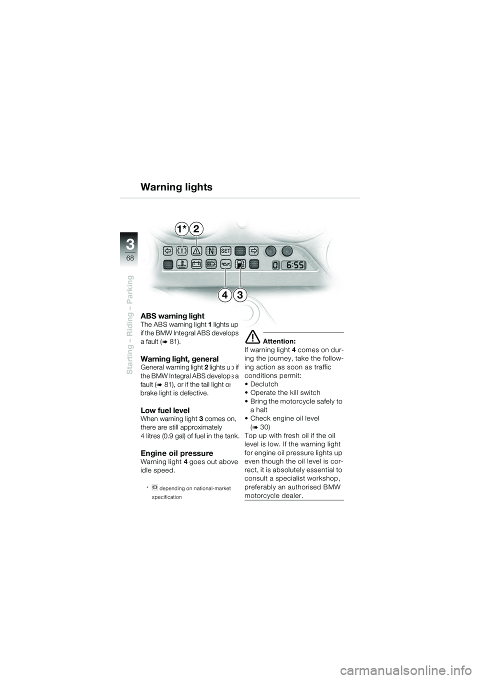 BMW MOTORRAD K 1200 GT 2004  Riders Manual (in English) 68
Starting – Riding – Parking
3
ABS warning lightThe ABS warning light 1 lights up 
if the BMW Integral ABS develops 
a fault (
 81).
Warning light, general General warning light  2 lights up if