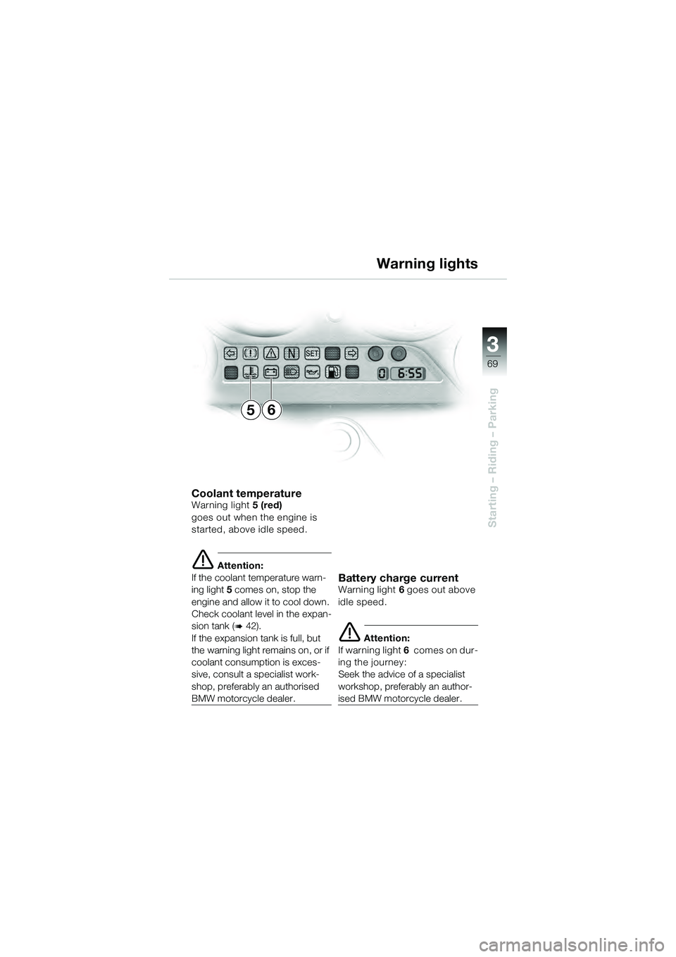 BMW MOTORRAD K 1200 GT 2004  Riders Manual (in English) 3
69
Starting – Riding – Parking
Coolant temperatureWarning light5 (red)
goes out when the engine is 
started, above idle speed.
 Attention:
If the coolant temperature warn-
ing light  5 comes on