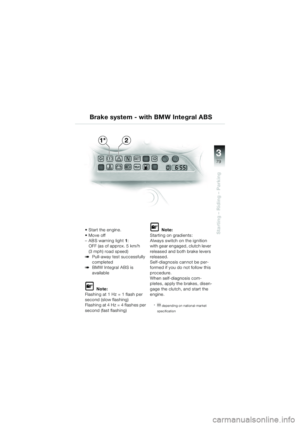 BMW MOTORRAD K 1200 GT 2004  Riders Manual (in English) 3
79
Starting – Riding – Parking•Start the engine.
• Move off 
– ABS warning light1:
OFF (as of approx. 5 km/h 
(3 mph) road speed)
Pull-away test successfully 
completed
BMW Integral ABS 