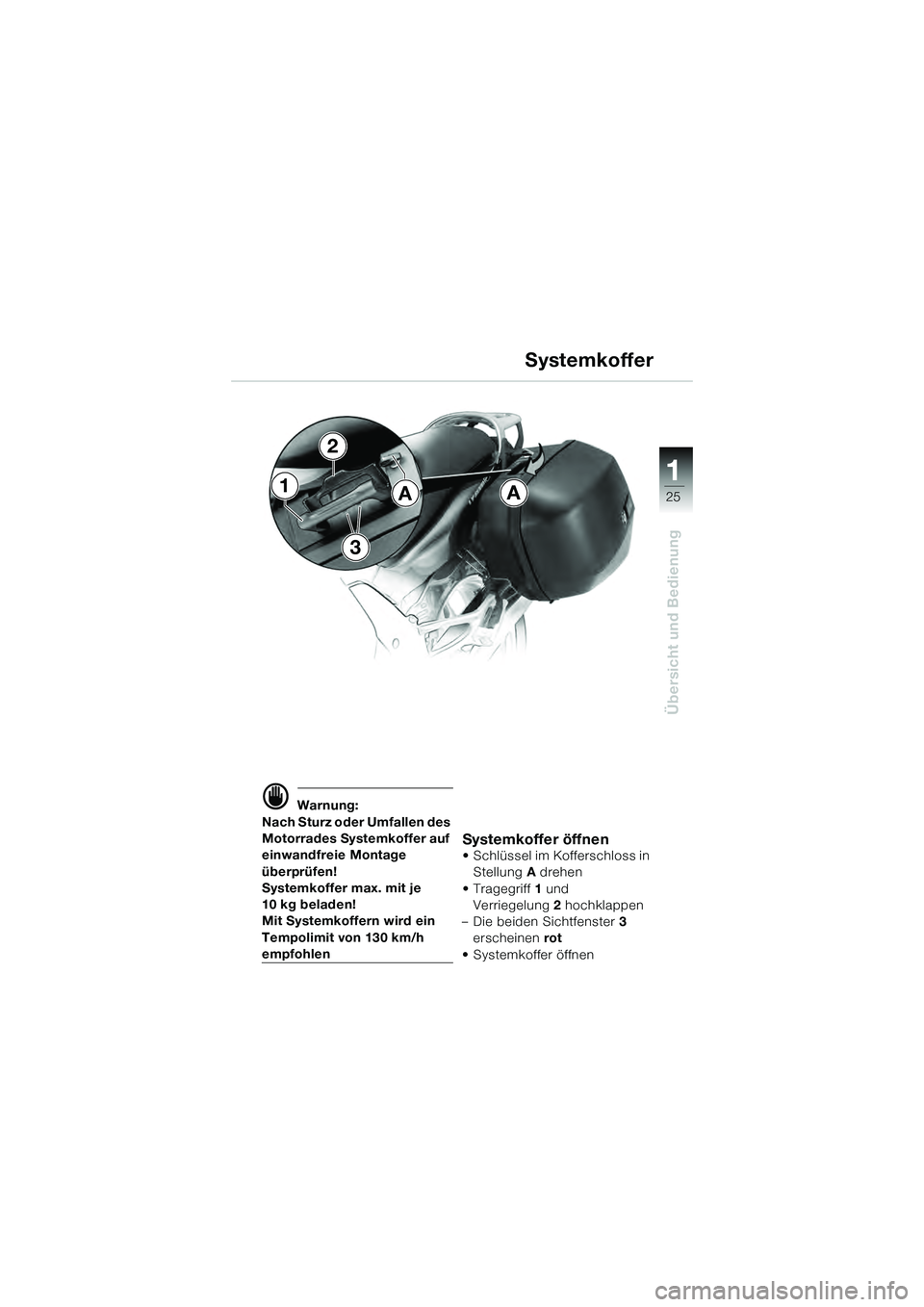 BMW MOTORRAD K 1200 GT 2004  Betriebsanleitung (in German) 25
Übersicht und Bedienung
1
 Warnung:
Nach Sturz oder Umfallen des 
Motorrades Systemkoffer auf 
einwandfreie Montage 
überprüfen!
Systemkoffer max. mit je 
10 kg beladen!
Mit Systemkoffern wird 