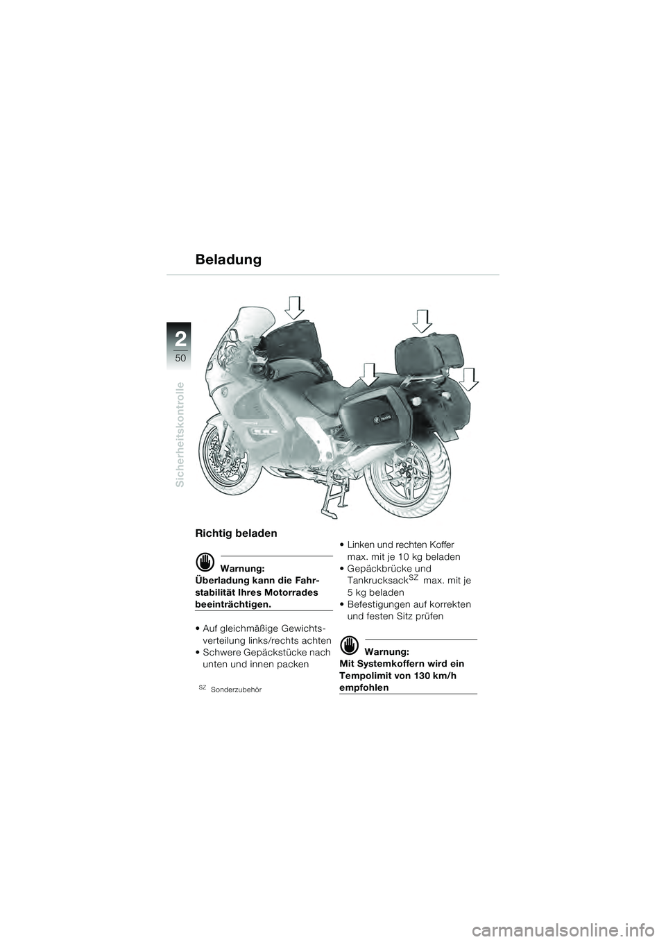 BMW MOTORRAD K 1200 GT 2004  Betriebsanleitung (in German) 50
Sicherheitskontrolle
2
Richtig beladen
 Warnung:
Überladung kann die Fahr-
stabilität Ihres Motorrades 
beeinträchtigen.
• Auf gleichmäßige Gewichts-
verteilung links/rechts achten
• Schw