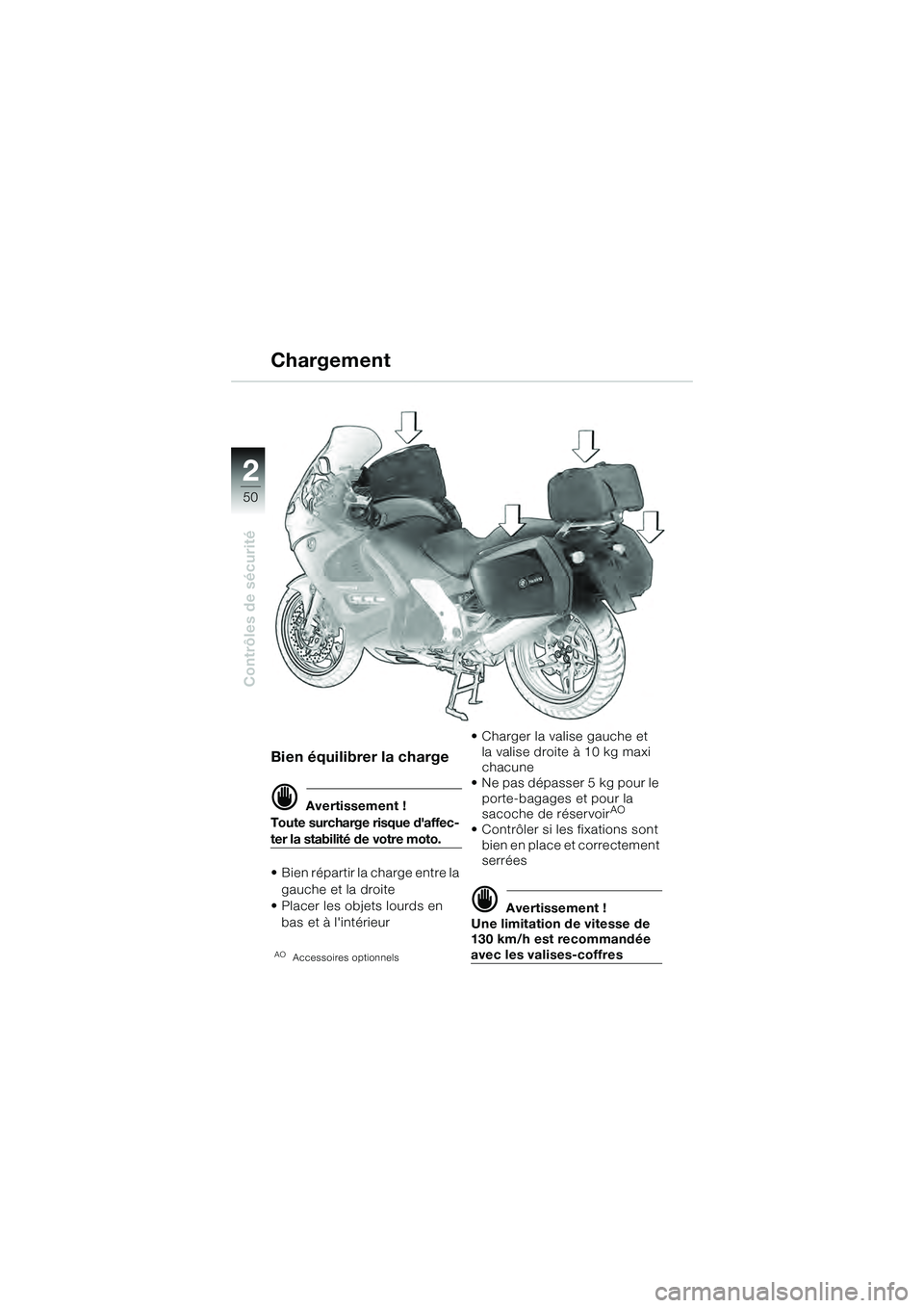 BMW MOTORRAD K 1200 GT 2004  Livret de bord (in French) 50
Contrôles de sécurité
2
Bien équilibrer la charge
 Avertissement !
Toute surcharge risque daffec-
ter la stabilité de votre moto.
• Bien répartir la charge entre la  gauche et la droite
