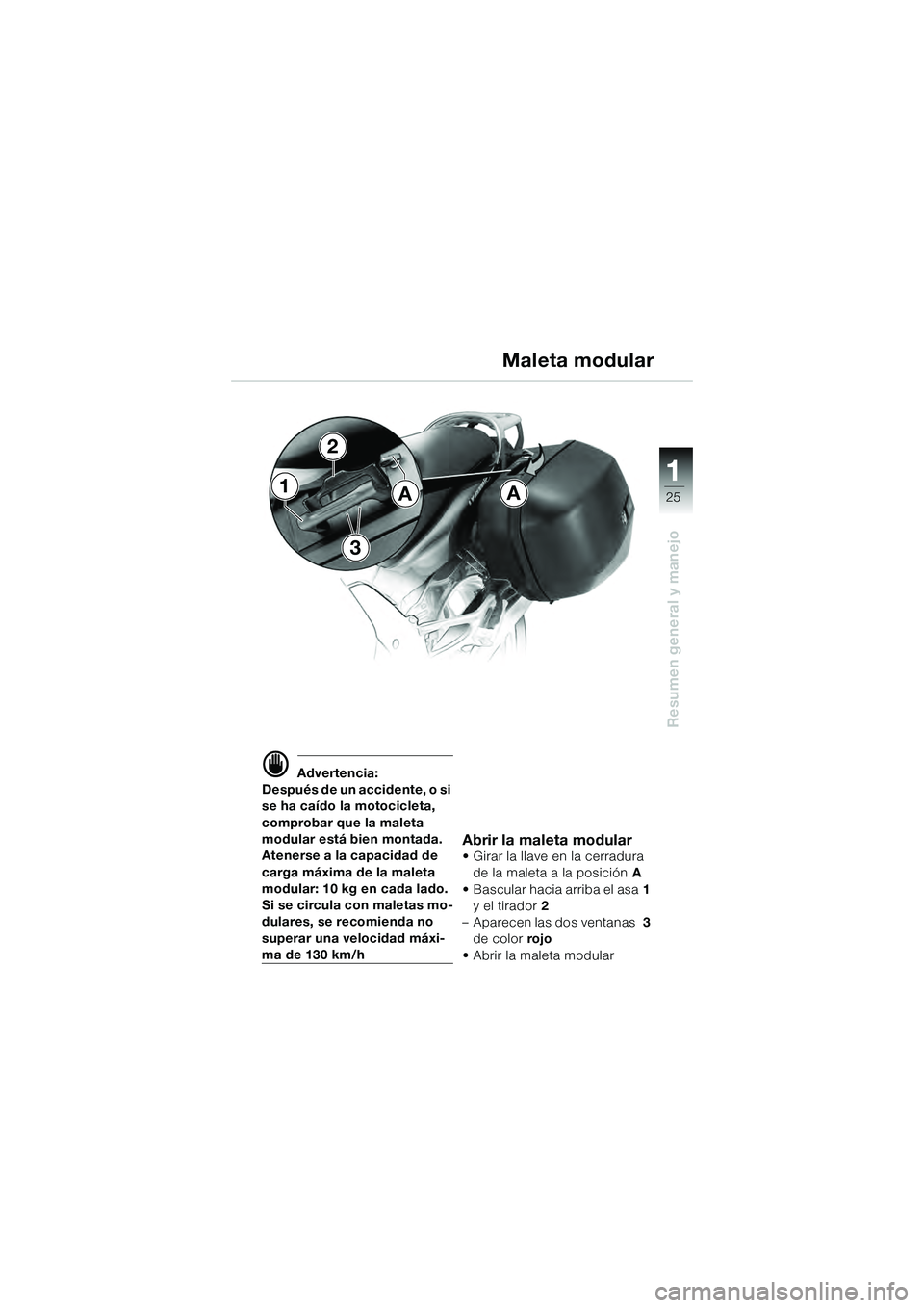 BMW MOTORRAD K 1200 GT 2004  Manual de instrucciones (in Spanish) 25
Resumen general y manejo
1
 Advertencia:
Después de un accidente, o si 
se ha caído la motocicleta, 
comprobar que la maleta 
modular está bien montada.
Atenerse a la capacidad de 
carga máxim