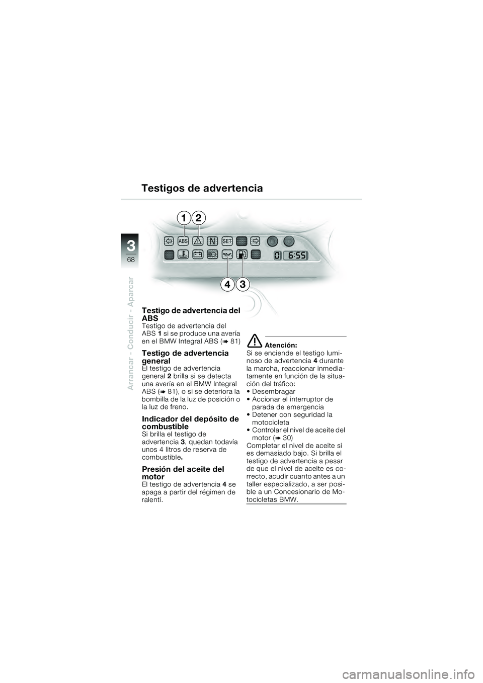 BMW MOTORRAD K 1200 GT 2004  Manual de instrucciones (in Spanish) 68
Arrancar - Conducir - Aparcar
3
Testigo de advertencia del 
ABS
Testigo de advertencia del 
ABS1 si se produce una avería 
en el BMW Integral ABS (
 81)
Testigo de advertencia 
general 
El testig