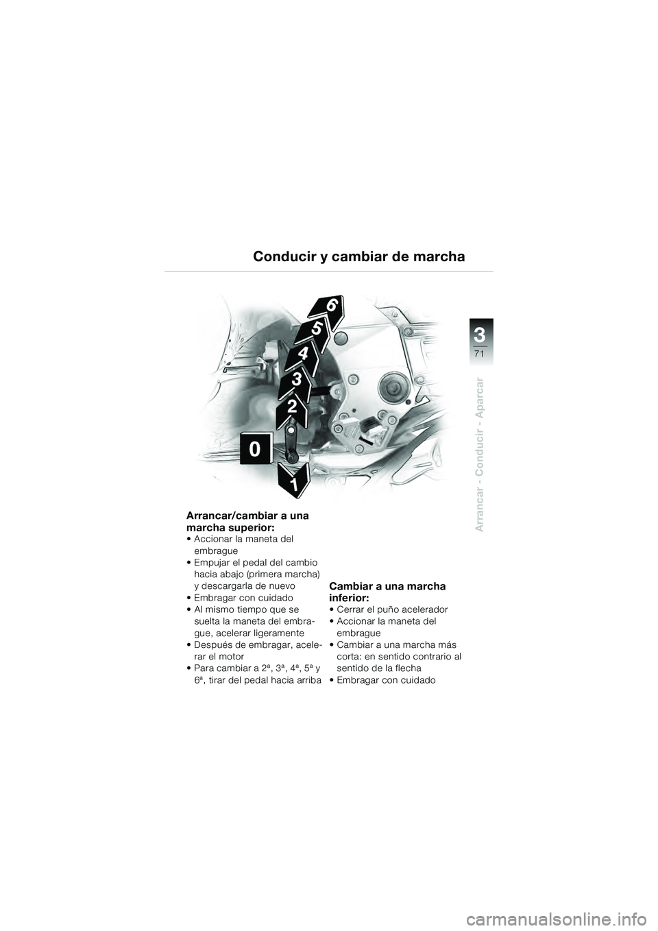 BMW MOTORRAD K 1200 GT 2004  Manual de instrucciones (in Spanish) 3
71
Arrancar - Conducir - Aparcar
Conducir y cambiar de marcha
Arrancar/cambiar a una 
marcha superior:
• Accionar la maneta del embrague
• Empujar el pedal del cambio 
hacia abajo (primera march