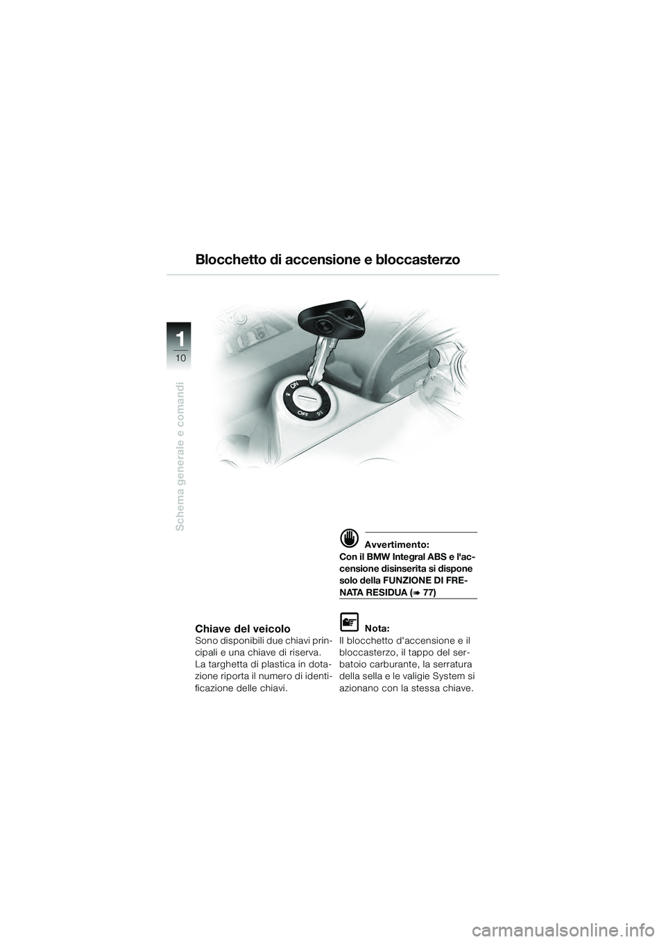 BMW MOTORRAD K 1200 GT 2004  Libretto di uso e manutenzione (in Italian) 10
Schema generale e comandi
1
Chiave del veicoloSono disponibili due chiavi prin-
cipali e una chiave di riserva.
La targhetta di plastica in dota-
zione riporta il numero di identi-
ficazione delle 