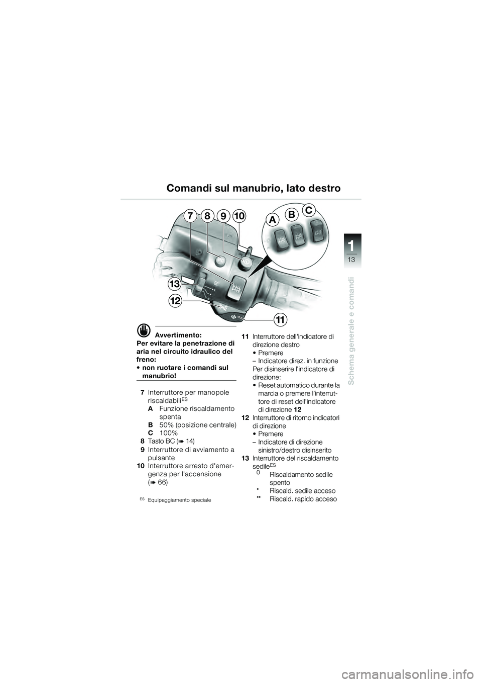 BMW MOTORRAD K 1200 GT 2004  Libretto di uso e manutenzione (in Italian) 13
Schema generale e comandi
1
ABC7
13
12
10
11
98
 Avvertimento:
Per evitare la penetrazione di 
aria nel circuito idraulico del 
freno: 
• non ruotare i comandi sul 
manubrio!
7 Interruttore per 