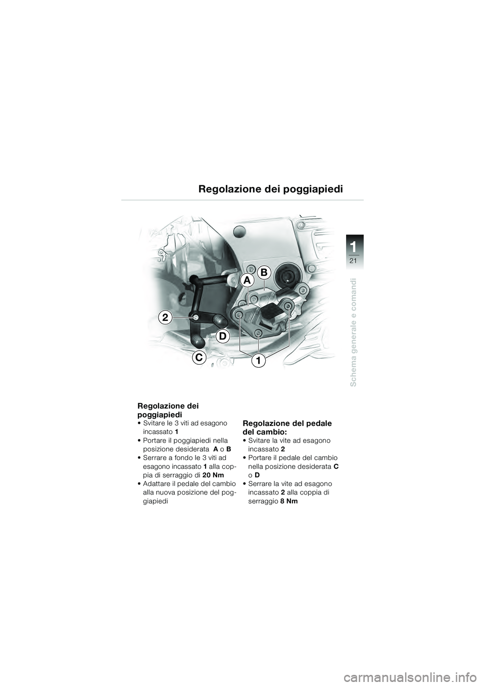 BMW MOTORRAD K 1200 GT 2004  Libretto di uso e manutenzione (in Italian) 21
Schema generale e comandi
1
Regolazione dei 
poggiapiedi
• Svitare le 3 viti ad esagono incassato  1
• Portare il poggiapiedi nella  posizione desiderata  A o  B
• Serrare a fondo le 3 viti a
