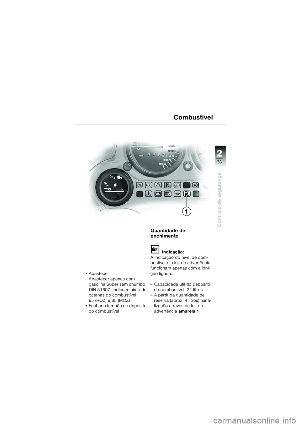 BMW MOTORRAD K 1200 GT 2004  Manual do condutor (in Portuguese) 22
33
Controlo de segurança
2
•Abastecer
– Abastecer apenas com gasolina Super sem chumbo, 
DIN 51607, índice mínimo de 
octanas do combustível 
95 (ROZ) e 85 (MOZ)
• Fechar o tampão do dep