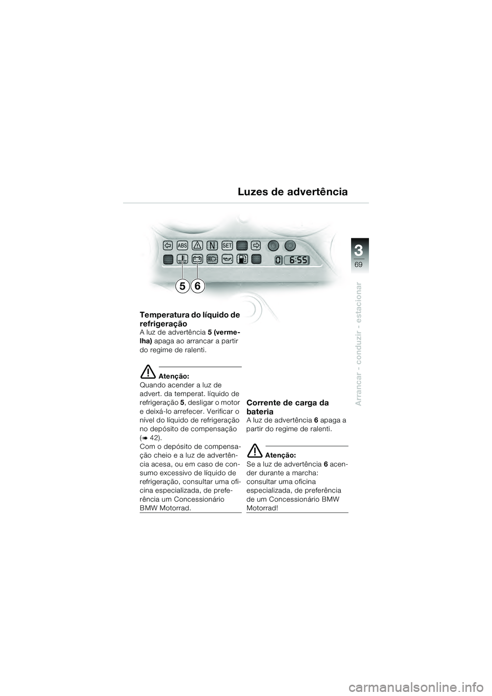 BMW MOTORRAD K 1200 GT 2004  Manual do condutor (in Portuguese) 3
69
Arrancar - conduzir - estacionar
Temperatura do líquido de 
refrigeração
A luz de advertência5 (verme-
lha)  apaga ao arrancar a partir 
do regime de ralenti.
 Atenção:
Quando acender a lu