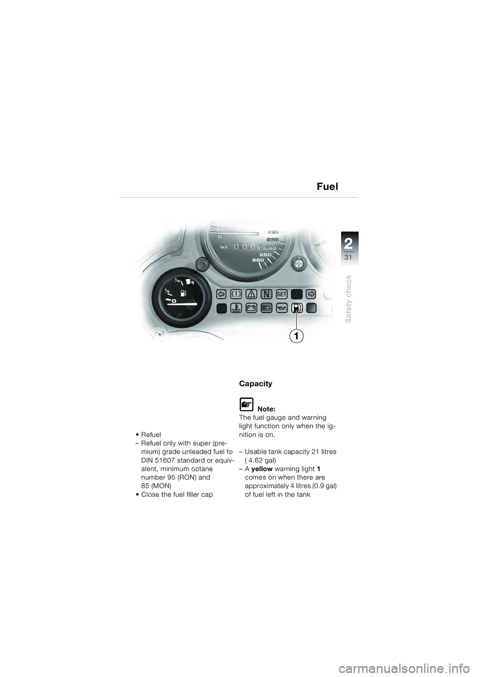 BMW MOTORRAD K 1200 GT 2002  Riders Manual (in English) 22
31
Safety check
2
Refuel
– Refuel only with super (pre-mium) grade unleaded fuel to 
DIN 51607 standard or equiv-
alent, minimum octane 
number 95 (RON) and 
85 (MON)
 Close the fuel filler cap