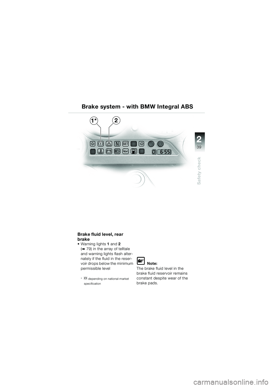 BMW MOTORRAD K 1200 GT 2002  Riders Manual (in English) 22
39
Safety check
2
Brake system - with BMW Integral ABS
Brake fluid level, rear 
brake 
 Warning lights 1 and  2 
(
b 79) in the array of telltale 
and warning lights flash alter-
nately if the flu
