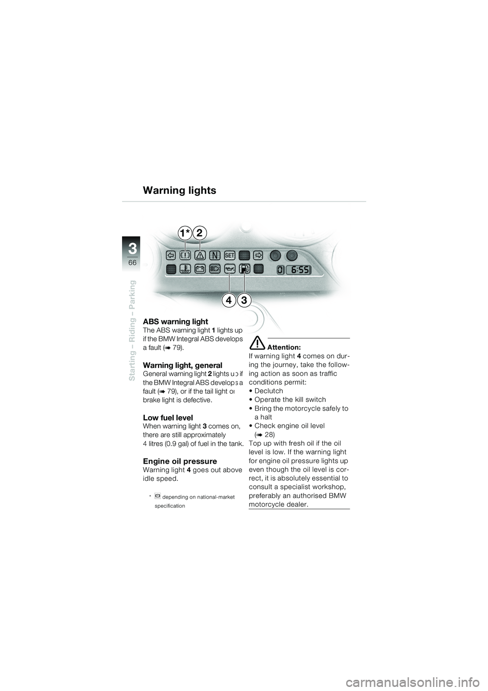 BMW MOTORRAD K 1200 GT 2002 Riders Manual (in English) 66
Starting – Riding – Parking
3
ABS warning lightThe ABS warning light 1 lights up
if the BMW Integral ABS develops
a fault (
b 79).
Warning light, general General warning light 2 lights up if BMW MOTORRAD K 1200 GT 2002 Riders Manual (in English) 66
Starting – Riding – Parking
3
ABS warning lightThe ABS warning light 1 lights up
if the BMW Integral ABS develops
a fault (
b 79).
Warning light, general General warning light 2 lights up if