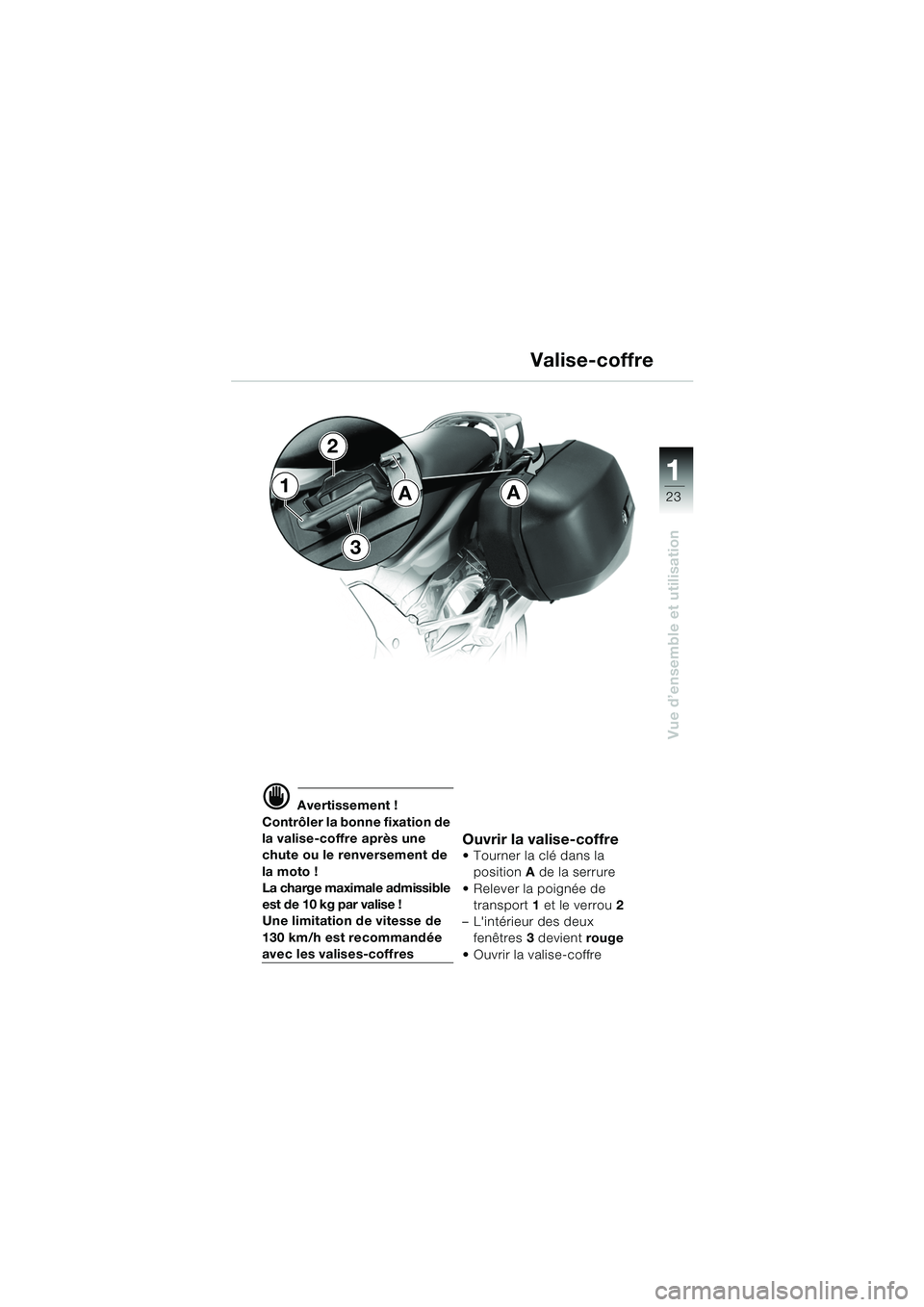 BMW MOTORRAD K 1200 GT 2002 Livret de bord (in French) 23
Vue d’ensemble et utilisation
1
d Avertissement !
Contrôler la bonne fixation de
la valise-coffre après une
chute ou le renversement de
la moto !
La charge maximale admissible
est de 10 kg BMW MOTORRAD K 1200 GT 2002 Livret de bord (in French) 23
Vue d’ensemble et utilisation
1
d Avertissement !
Contrôler la bonne fixation de
la valise-coffre après une
chute ou le renversement de
la moto !
La charge maximale admissible
est de 10 kg