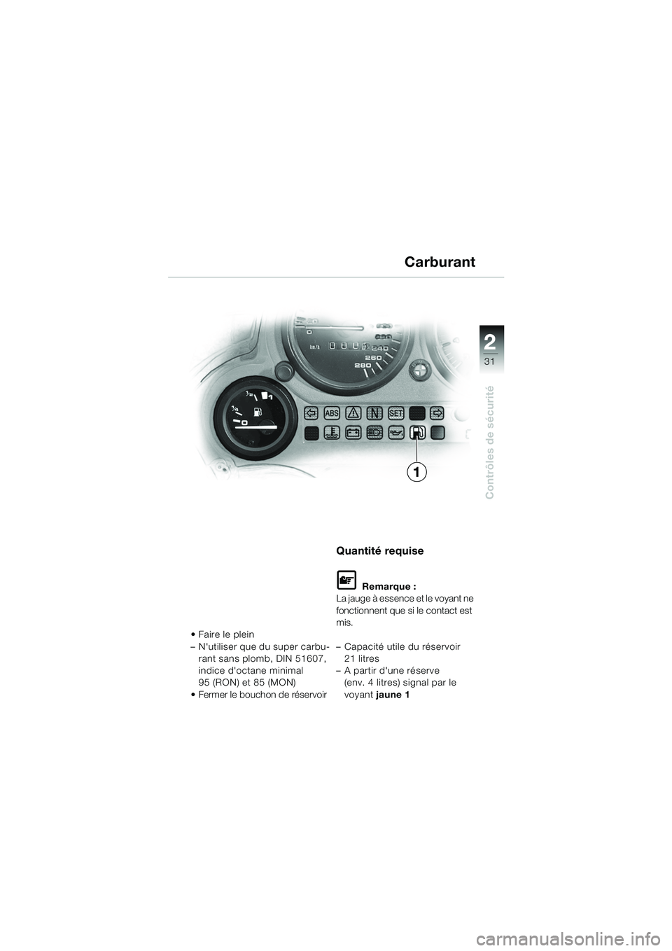 BMW MOTORRAD K 1200 GT 2002 Livret de bord (in French) 22
31
Contrôles de sécurité
2
Faire le plein
– Nutiliser que du super carbu-rant sans plomb, DIN 51607,
indice doctane minimal
95 (RON) et 85 (MON)
Fermer le bouchon de réservoir
Quantità BMW MOTORRAD K 1200 GT 2002 Livret de bord (in French) 22
31
Contrôles de sécurité
2
Faire le plein
– Nutiliser que du super carbu-rant sans plomb, DIN 51607,
indice doctane minimal
95 (RON) et 85 (MON)
Fermer le bouchon de réservoir
QuantitÃ