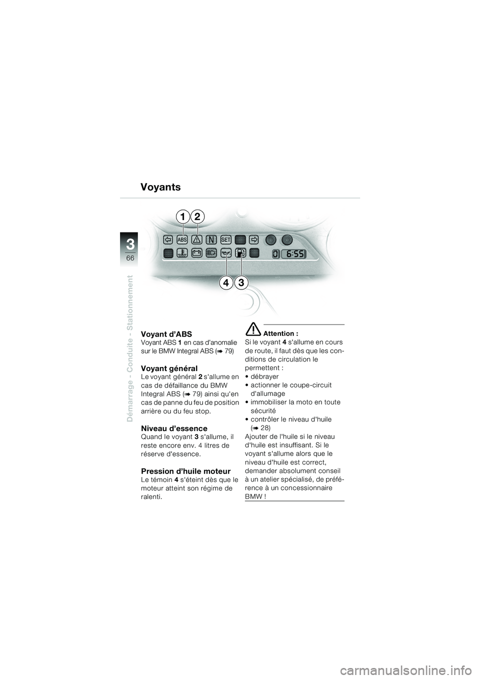 BMW MOTORRAD K 1200 GT 2002 Livret de bord (in French) 66
Démarrage - Conduite - Stationnement
3
Voyant d’ABSVoyant ABS1 en cas d’anomalie
sur le BMW Integral ABS (
b 79)
Voyant général Le voyant général 2 sallume en
cas de défaillance du BMW BMW MOTORRAD K 1200 GT 2002 Livret de bord (in French) 66
Démarrage - Conduite - Stationnement
3
Voyant d’ABSVoyant ABS1 en cas d’anomalie
sur le BMW Integral ABS (
b 79)
Voyant général Le voyant général 2 sallume en
cas de défaillance du BMW